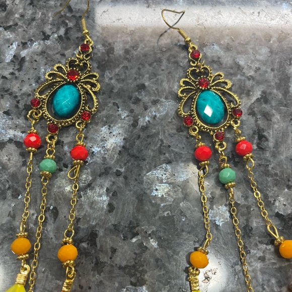 2/$25 or 3/$35 NWOT Colorful jeweled and feathered long drop earrings - Picture 3 of 5